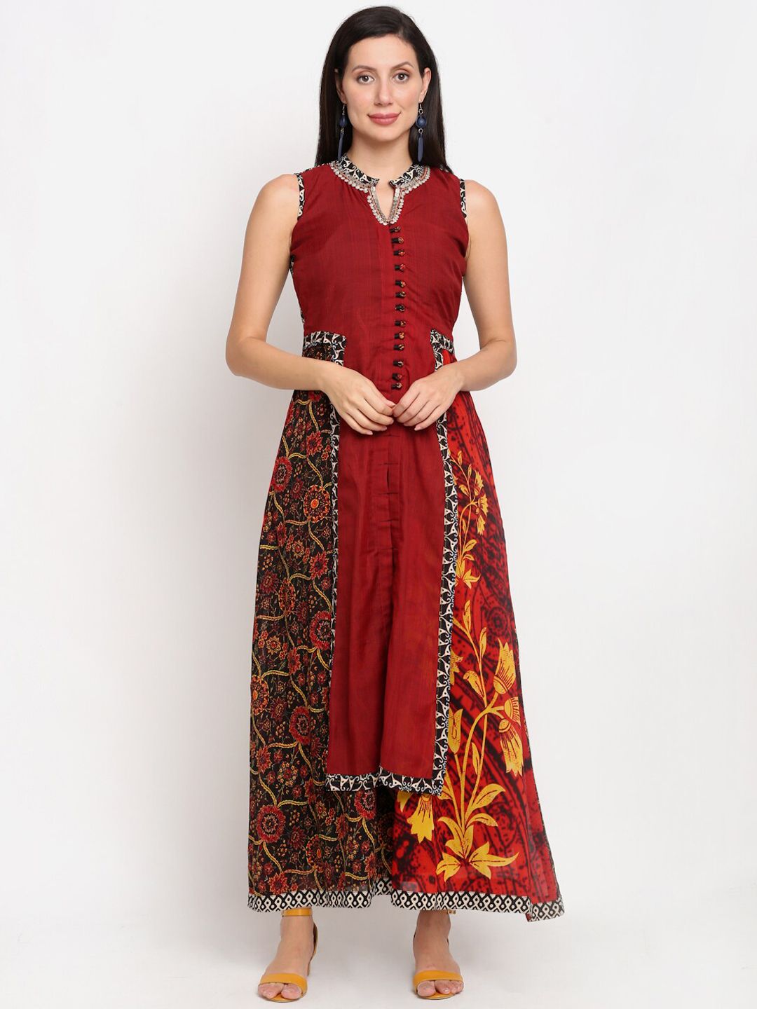 Lovely Lady Maroon Ethnic Motifs Georgette Maxi Dress