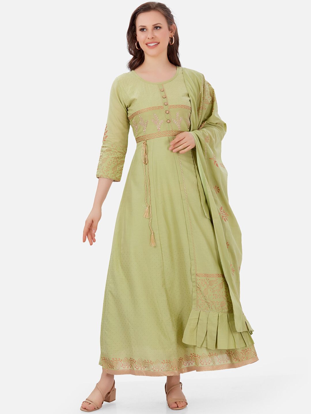 Kiana Green Ethnic Motifs Ethnic Maxi Dress With Dupatta