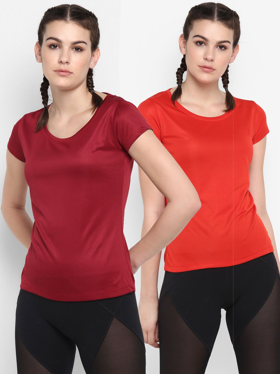 ScoldMe Women Pack Of 2 Red & Maroon Solid Slim Fit Sports T-shirt Price in India