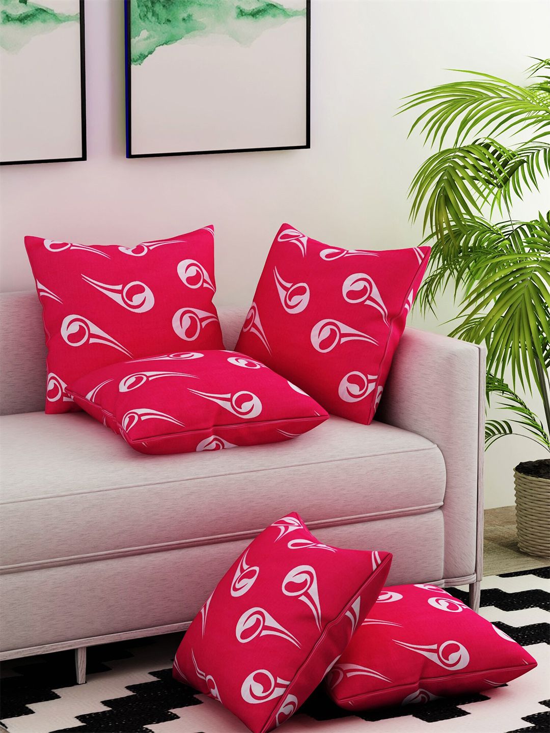 Salona Bichona Pink & White Set of 5 Abstract Square Cotton Cushion Covers Price in India