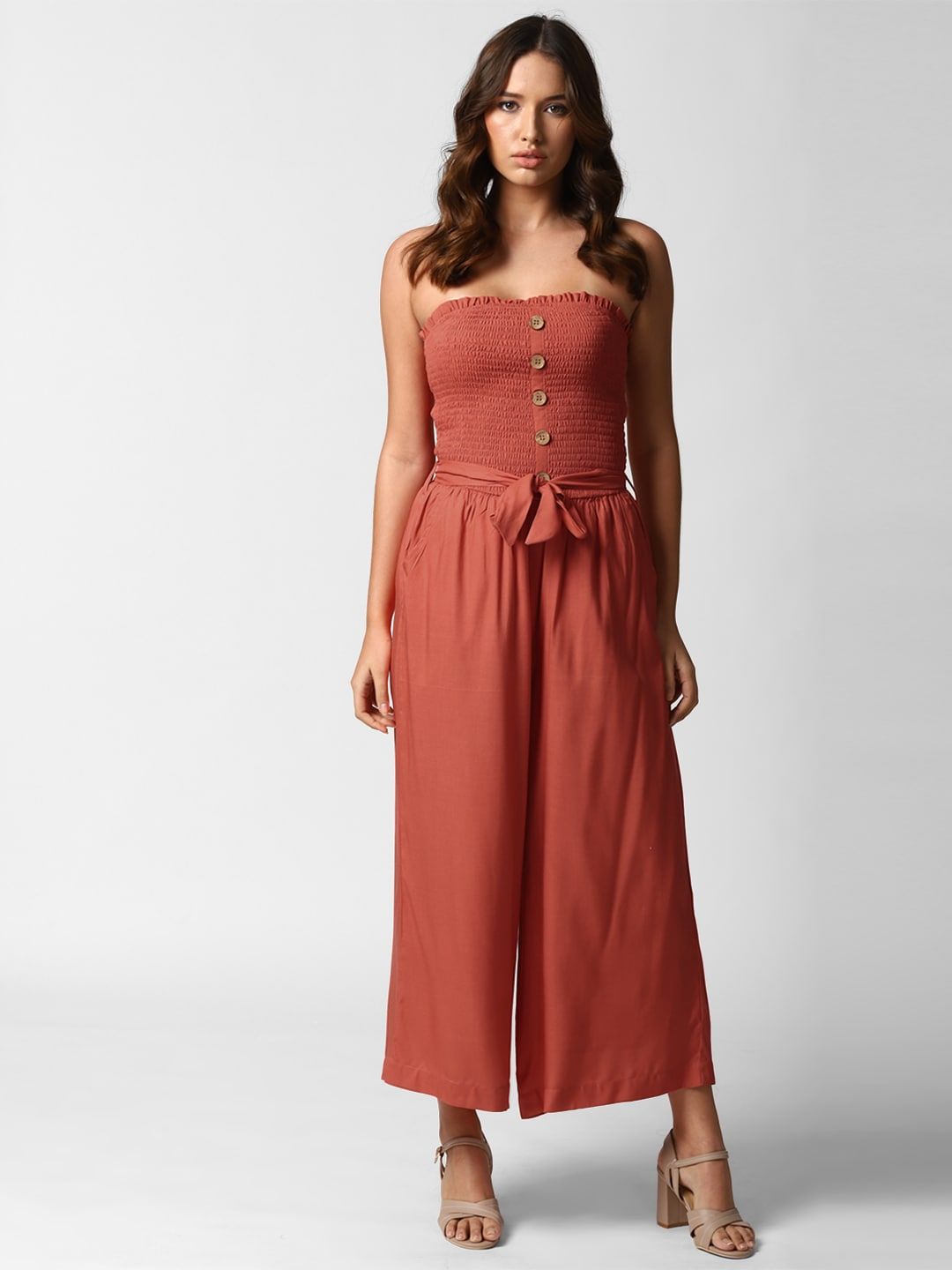 FOREVER 21 Rust Off-Shoulder Basic Jumpsuit Price in India