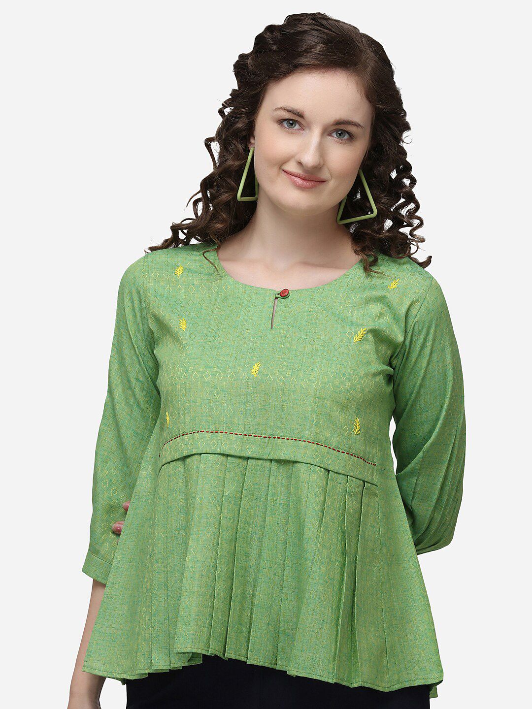 RAISIN Women Green & Yellow Cotton Peplum Tunic Price in India