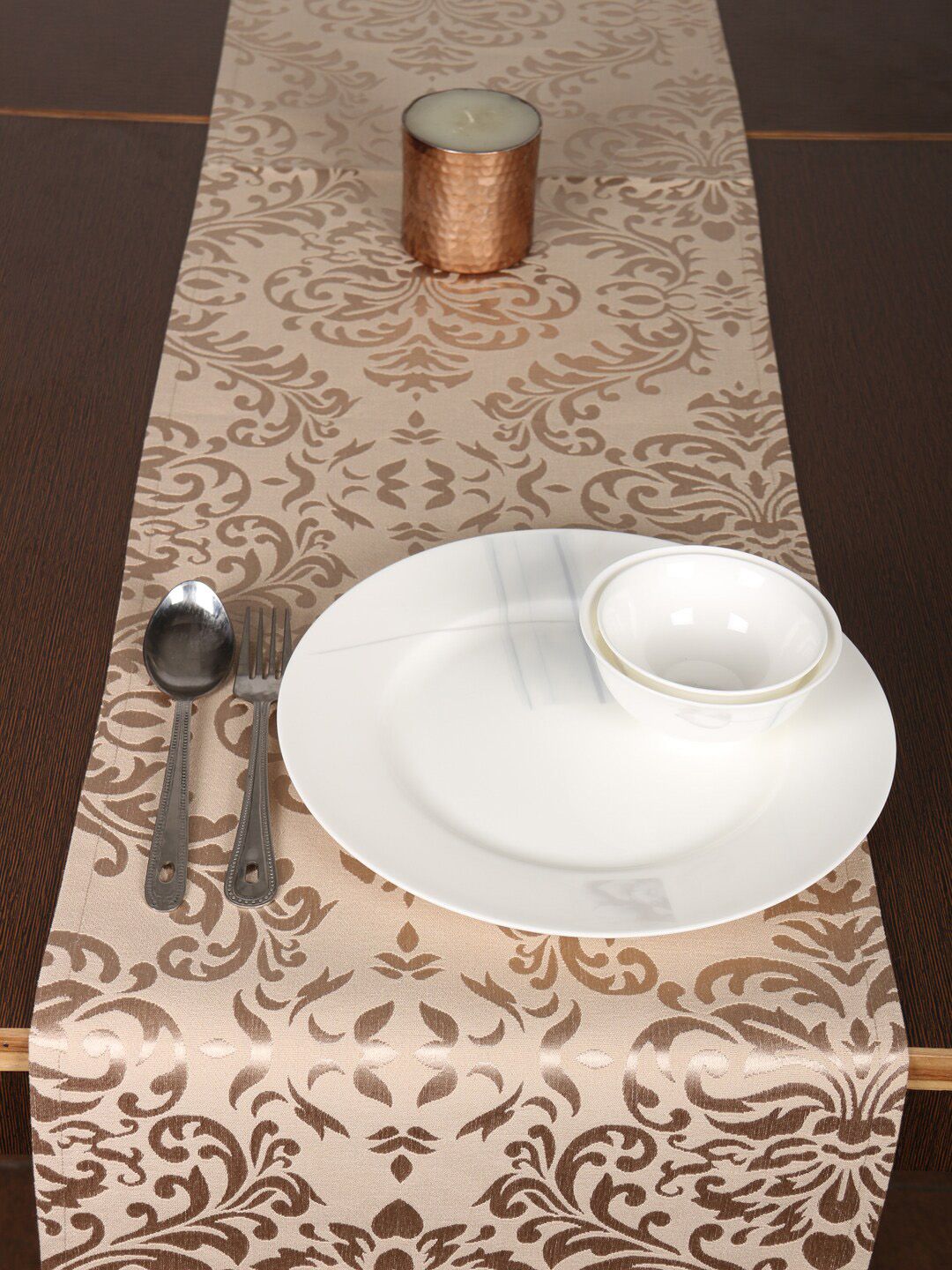 Home Beige & Gold-Toned Ethnic Motifs Woven Cotton Table Runner Price in India
