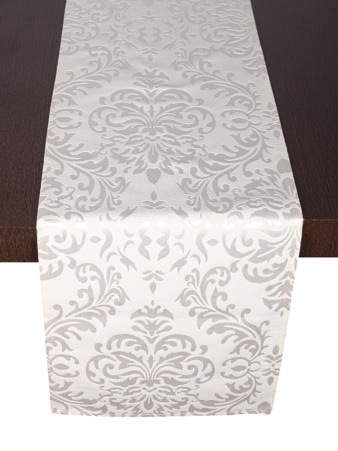 Home Silver-Toned & White Woven Design Table Runner Price in India