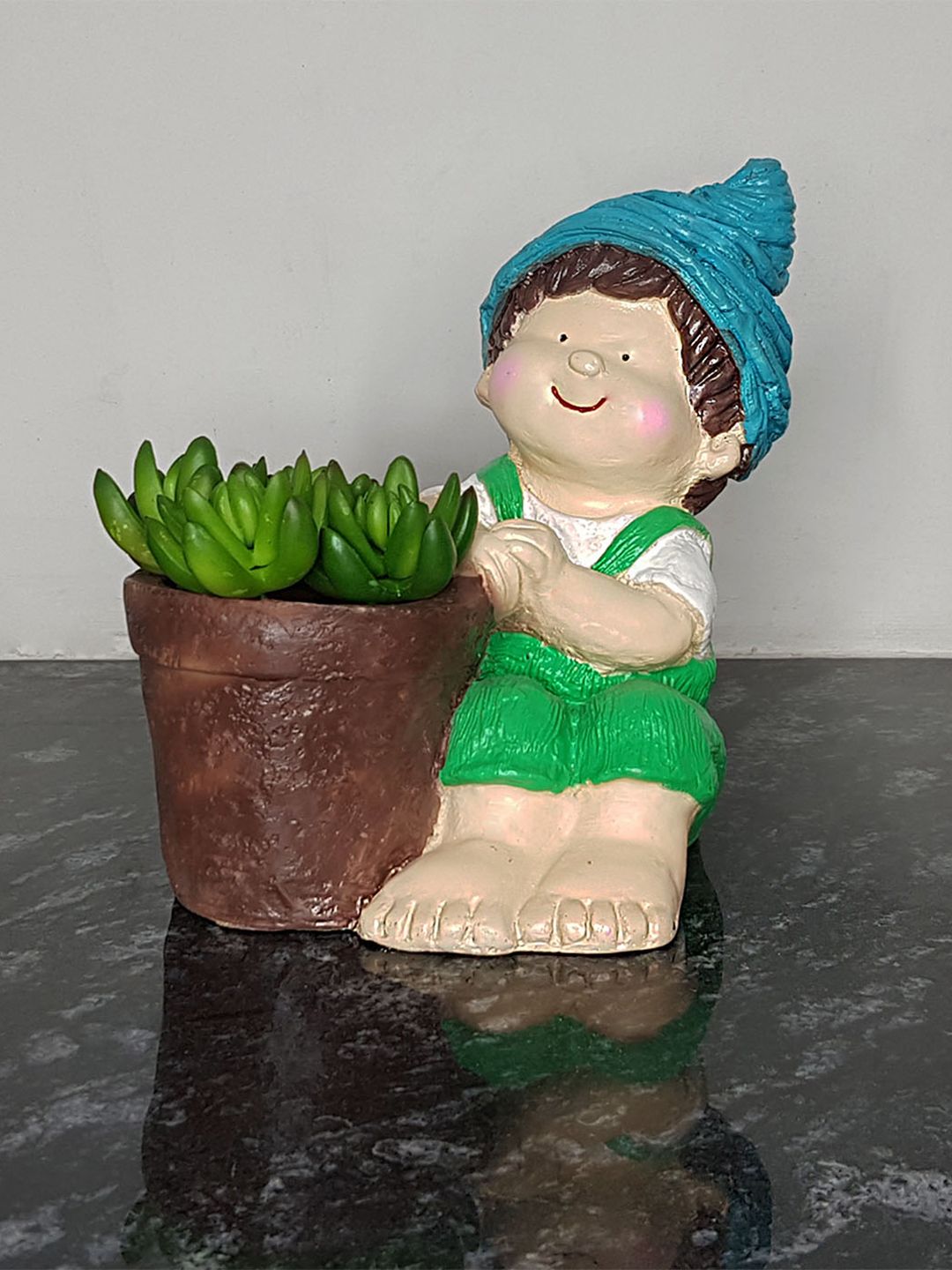 Wonderland Green & Brown Solid Resin Boy Shape Pot Planter Price in India