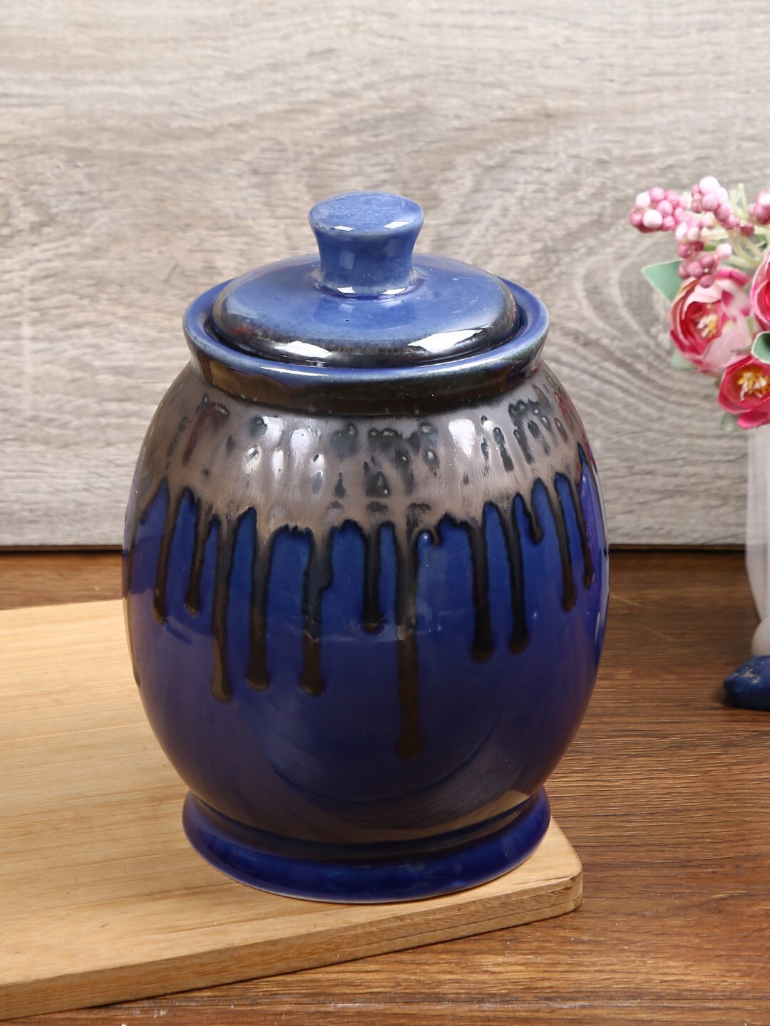Aapno Rajasthan Blue Handcrafted Ceramic Jar With Lid Price in India