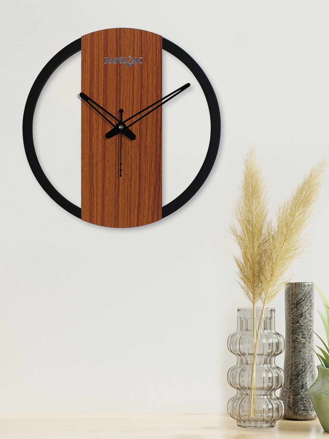 RANDOM Black & Brown Colourblocked 24.13 cm Contemporary Wall Clock Price in India