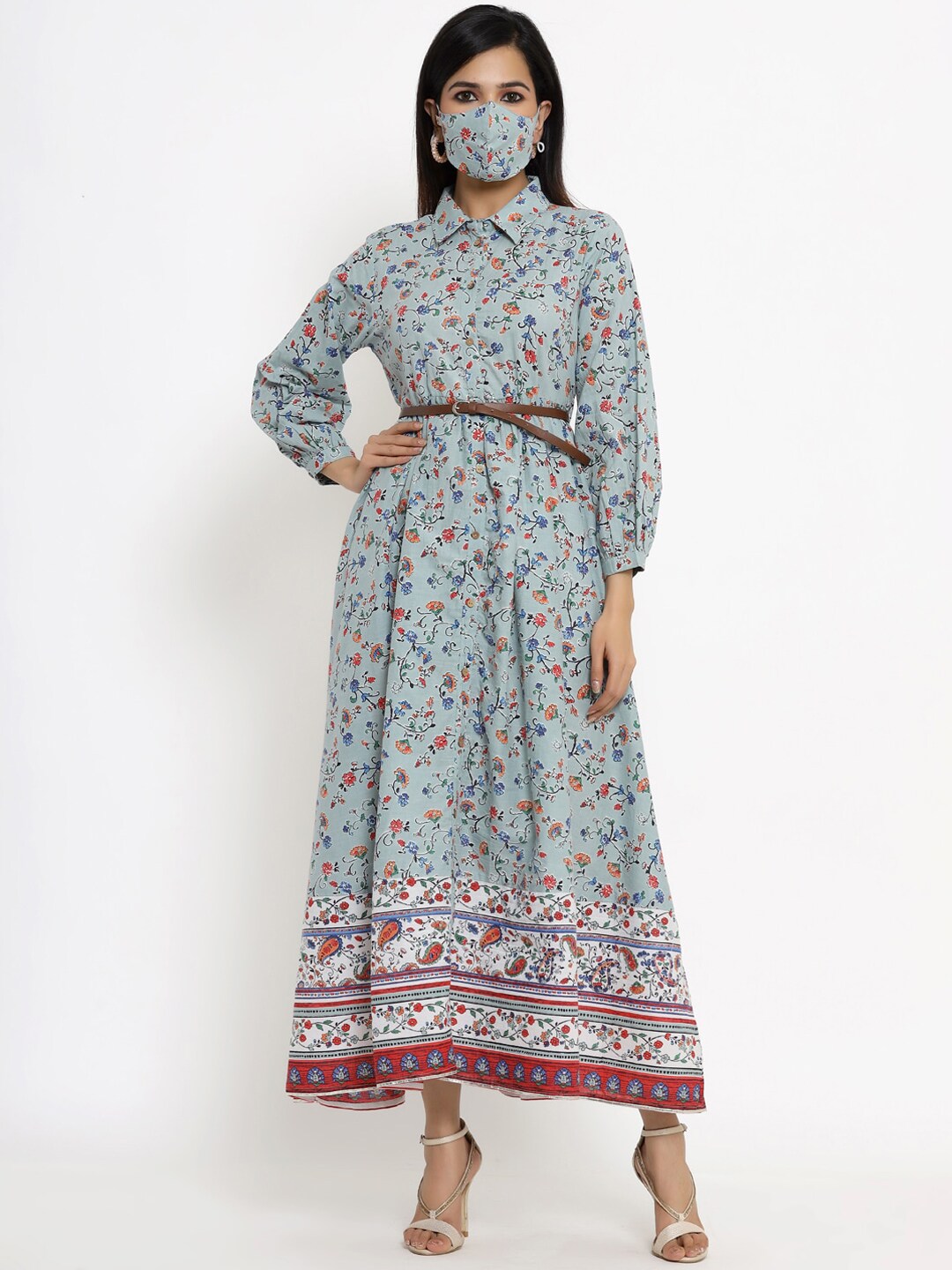 Juniper Grey & Red Floral Shirt Style Dress Maxi Dress With Belt & Mask Price in India