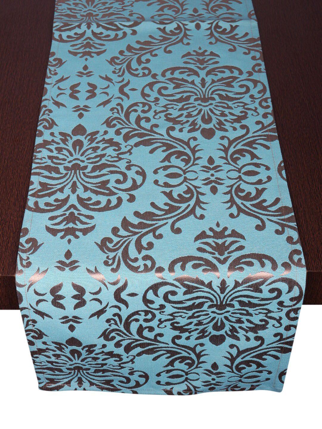 Home Turquoise Blue & Grey Woven Damask Design Cotton Dining Table Runner Price in India