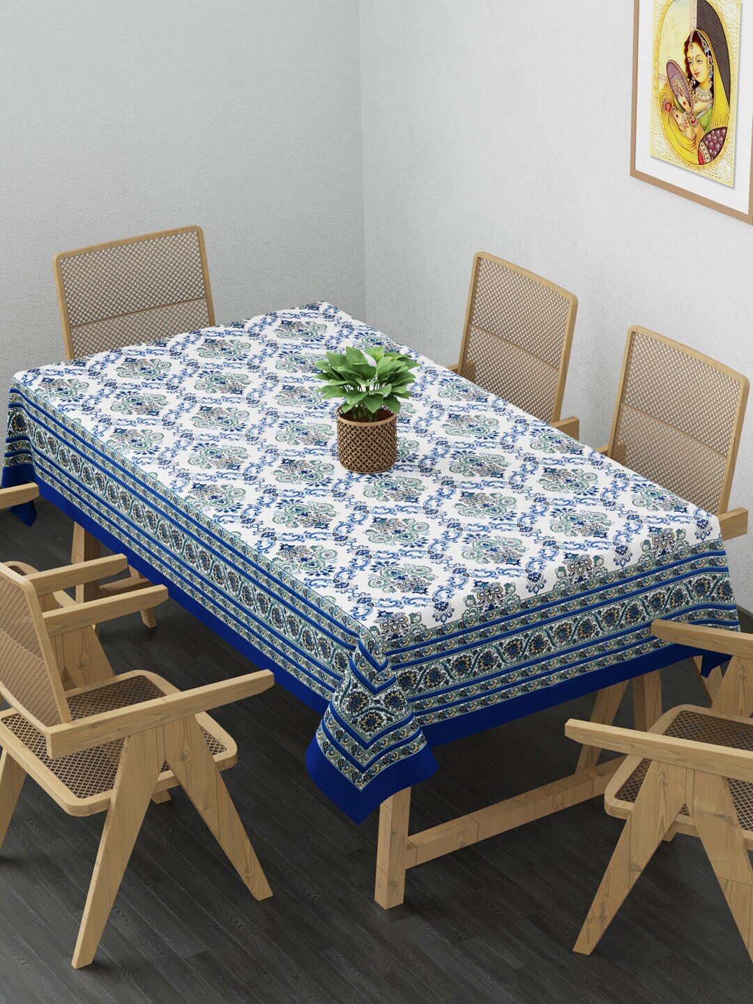 Clasiko White & Blue Printed 6 Seater Pure Cotton Table Cloth Price in India