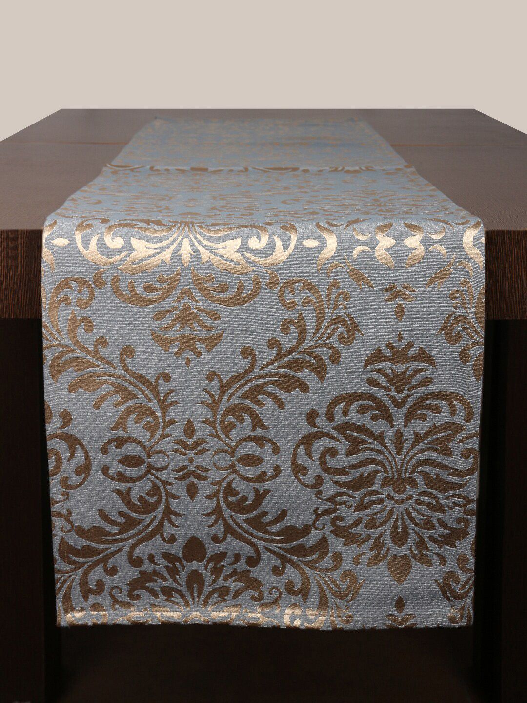 Home Blue & Gold-Toned Woven Damask Design Table Runner Price in India