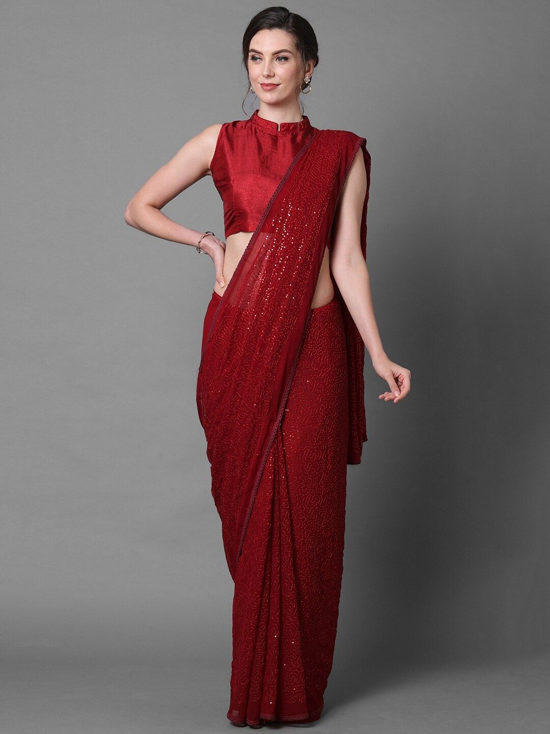 Mitera Red Embellished Sequinned Saree Price in India