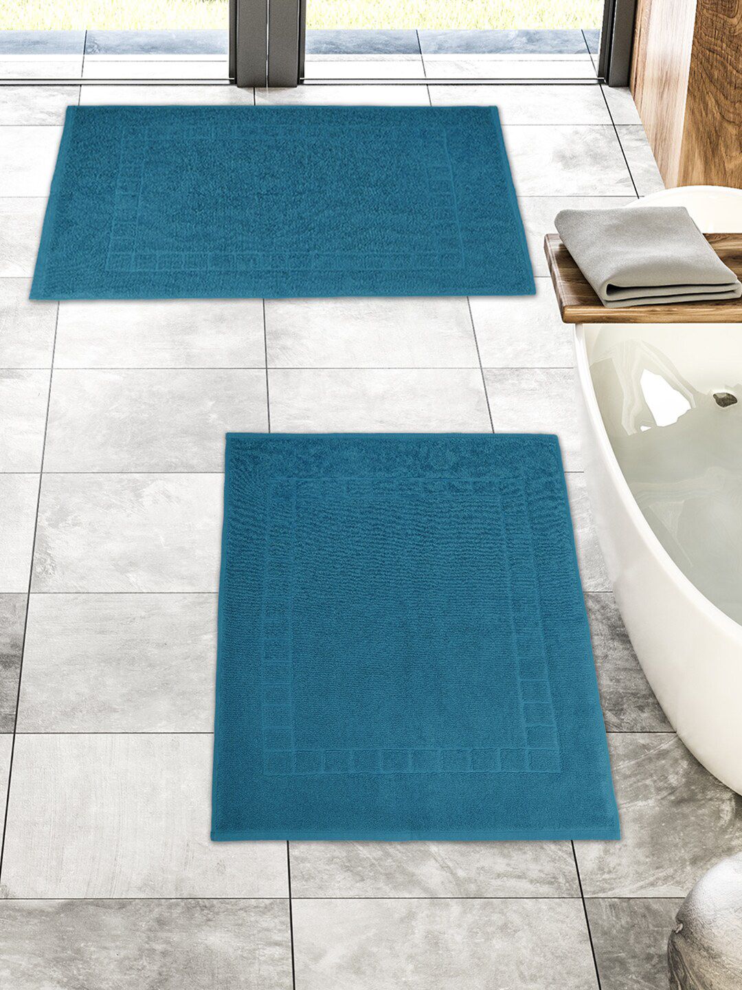 Trident Set Of 2 Blue Striped 1200 GSM Cotton Bath Mats Price in India