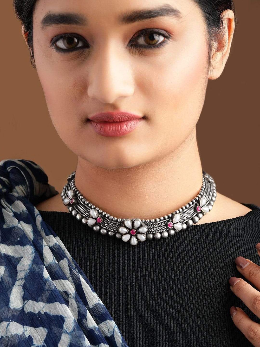 Rubans Silver & Pink Silver-Plated Handcrafted Oxidised Floral Choker Necklace Price in India