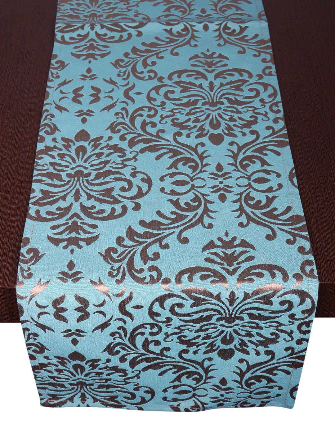 Home Turquoise Blue & Brown Woven Damask Table Runner Price in India