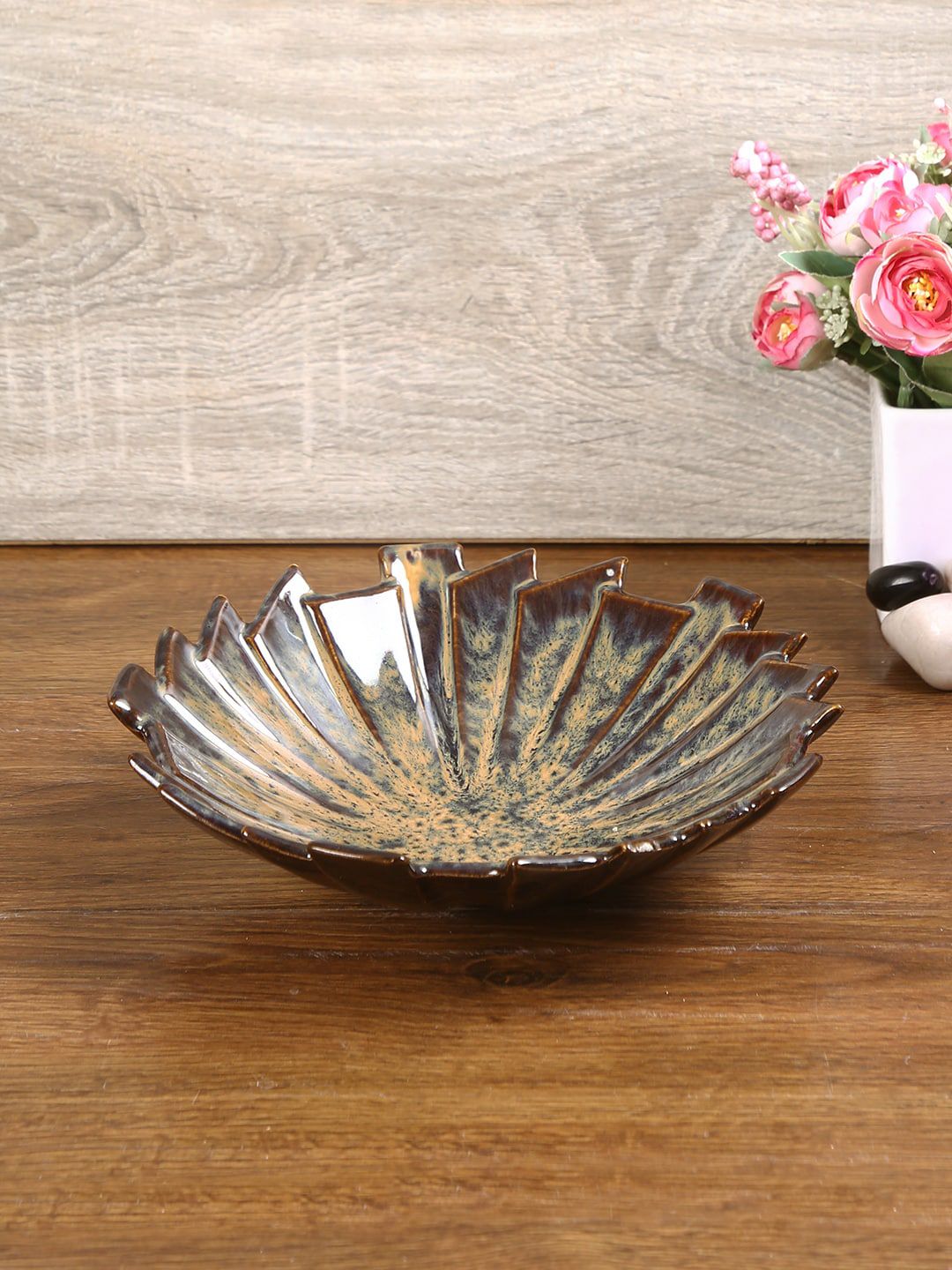 Aapno Rajasthan Brown Asymmetrical Ceramic Cutwork Platter Price in India