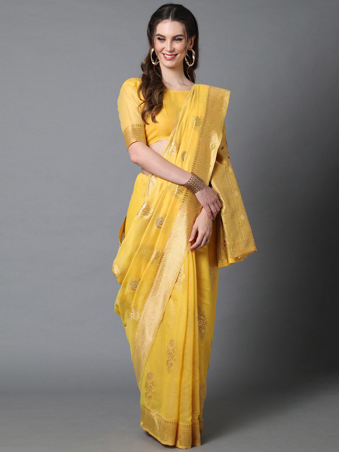 Mitera Yellow & Gold-Toned Floral Zari Silk Blend Banarasi Saree Price in India