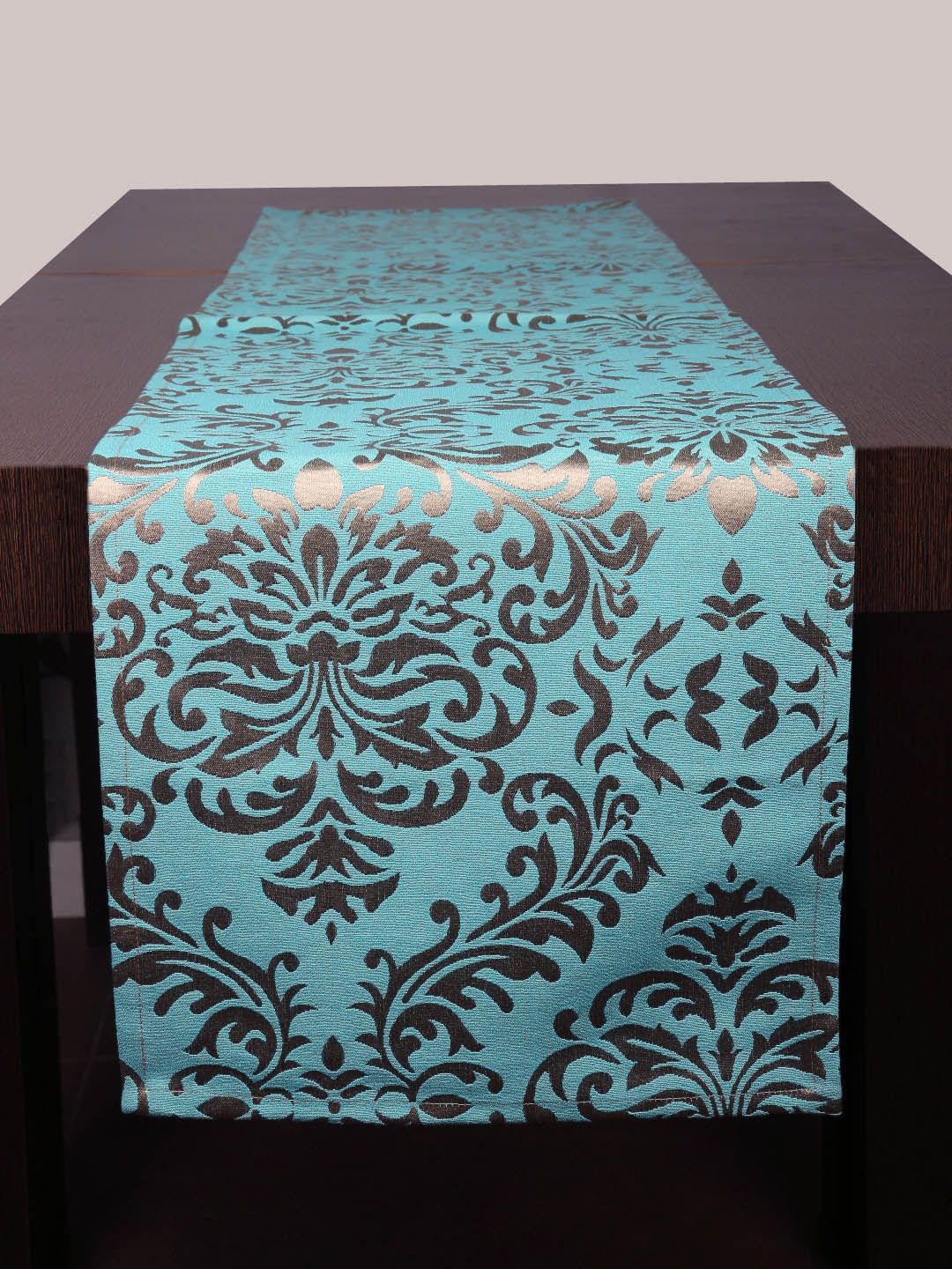 Home Turquoise Blue & Gold-Coloured Woven Damask Table Runner Price in India