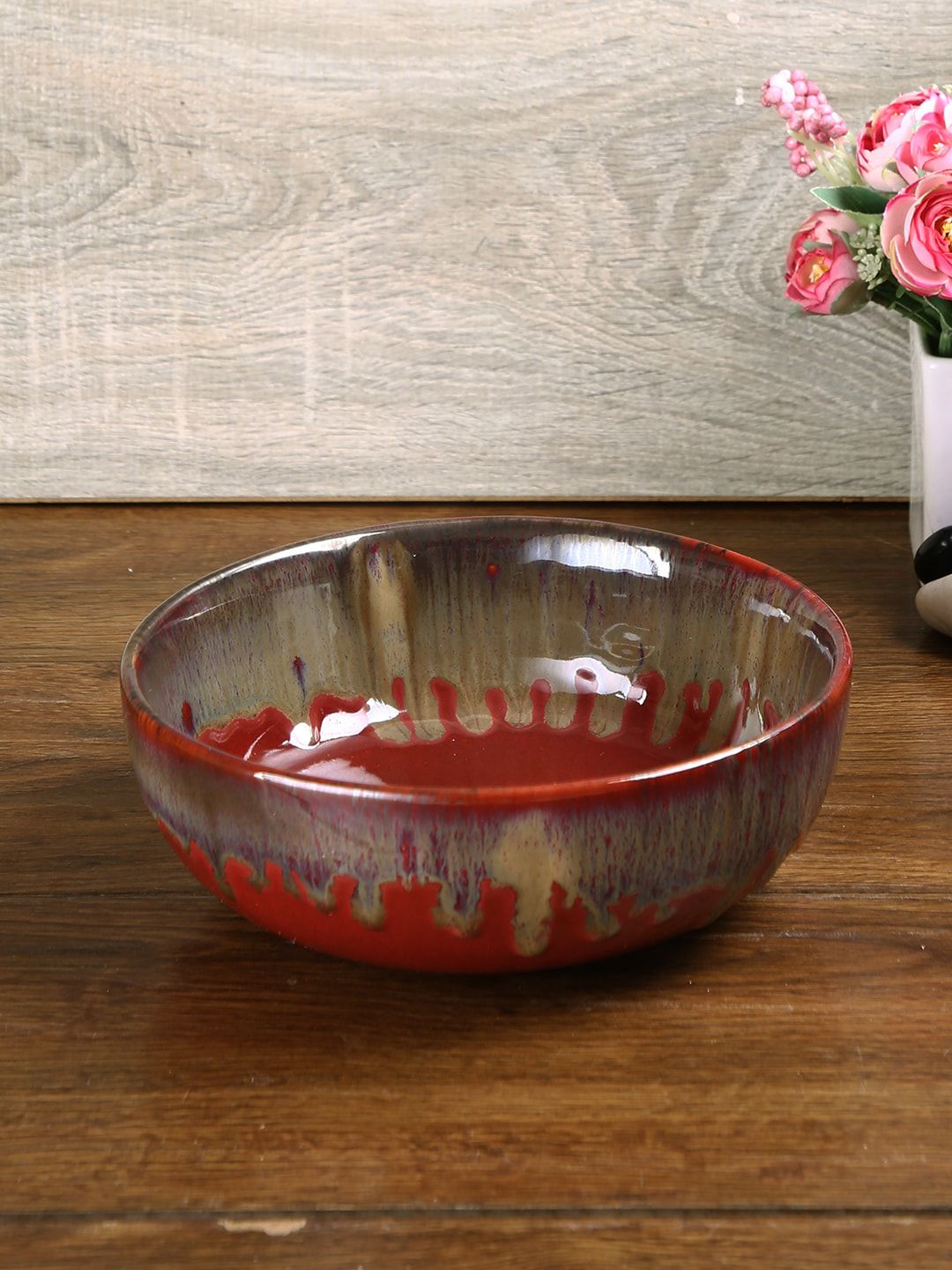 Aapno Rajasthan Red & Beige 1 Piece Printed Ceramic Glossy Bowl Price in India