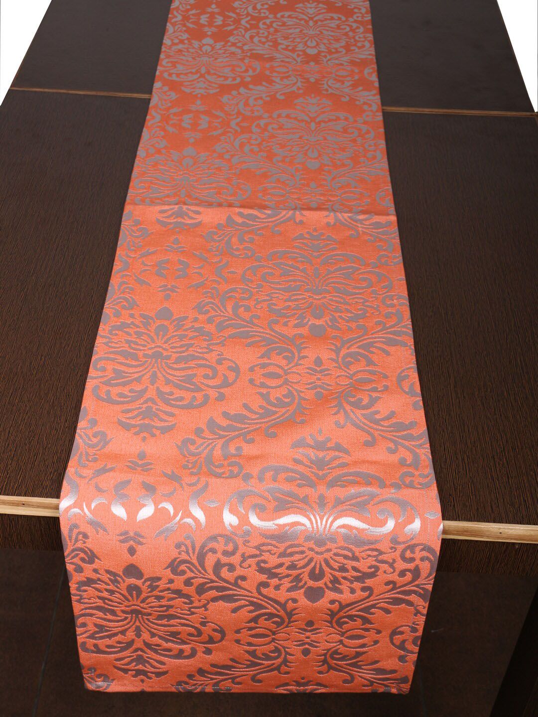 Home Orange & Silver-Coloured Woven Damask Table Runner Price in India
