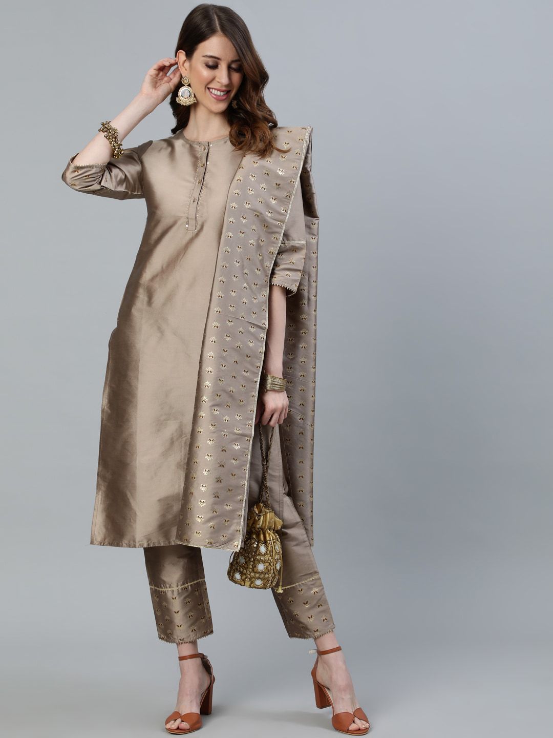 Jaipur Kurti Women Taupe Panelled Kurta with Trousers & With Dupatta Price in India