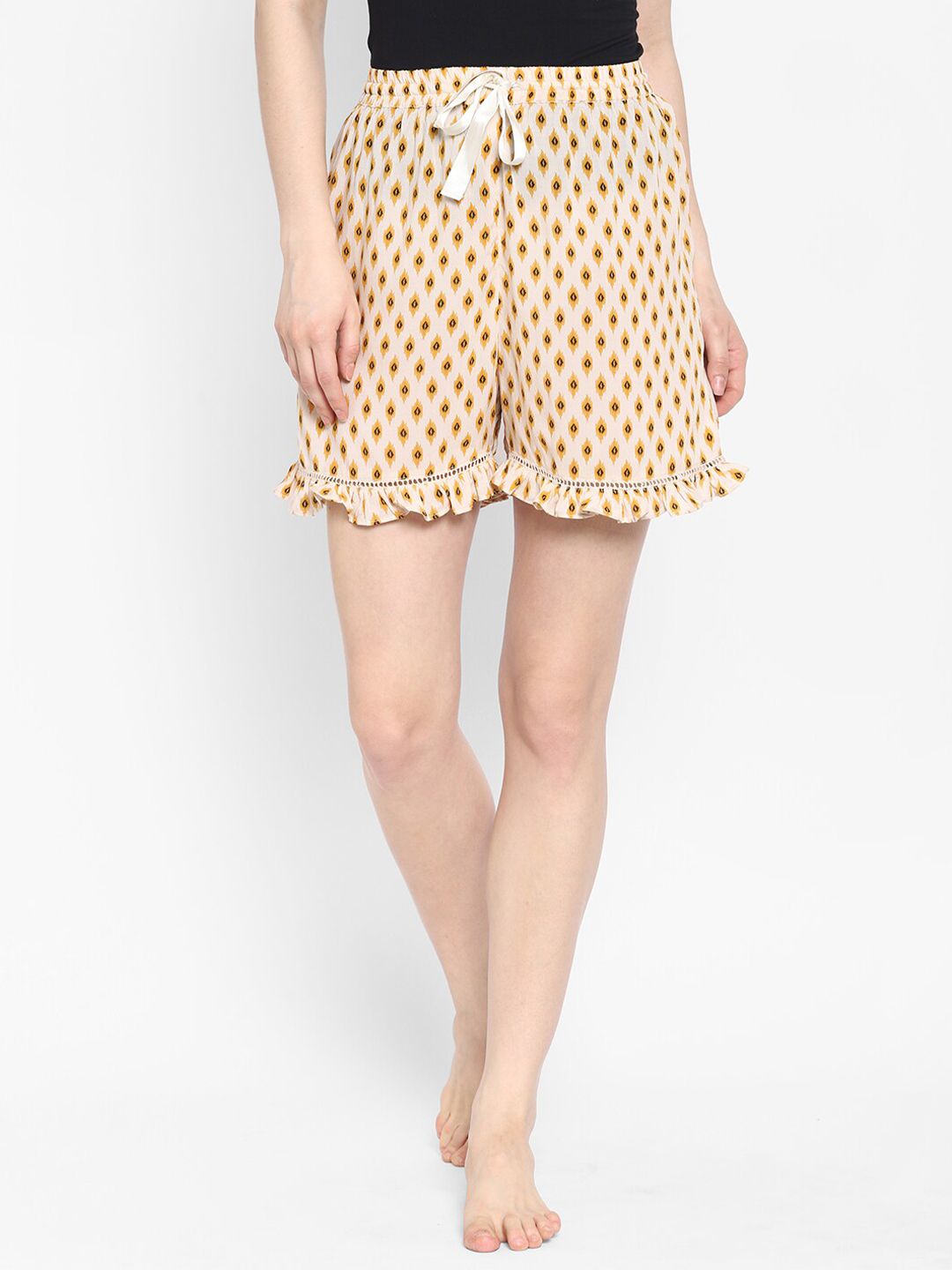 COASTLAND Women Cream & Yellow Printed Lounge Shorts Price in India