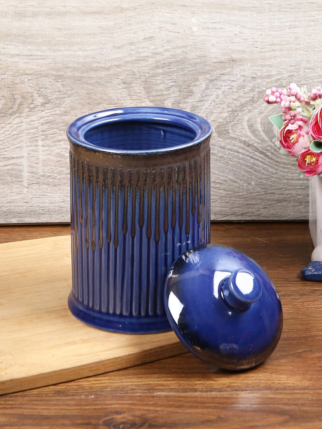 Aapno Rajasthan Blue & Brown Cylindrical Handcrafted Ceramic Storage Jar Price in India