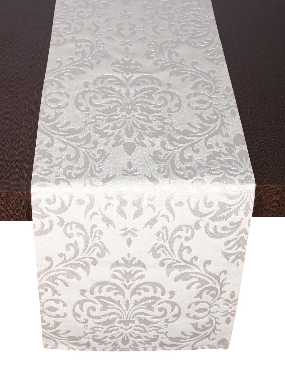 Home Cream-coloured & Silver-Toned Woven Damask Design Table Runner Price in India