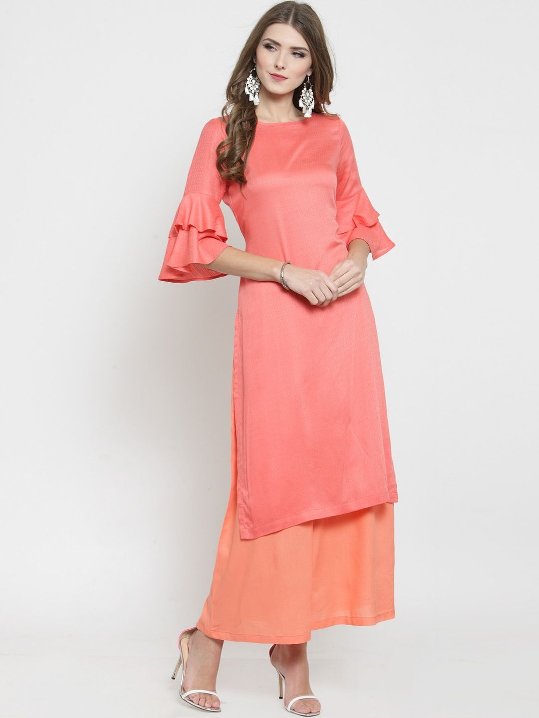 Sera Women Coral Layered Kurti with Palazzos