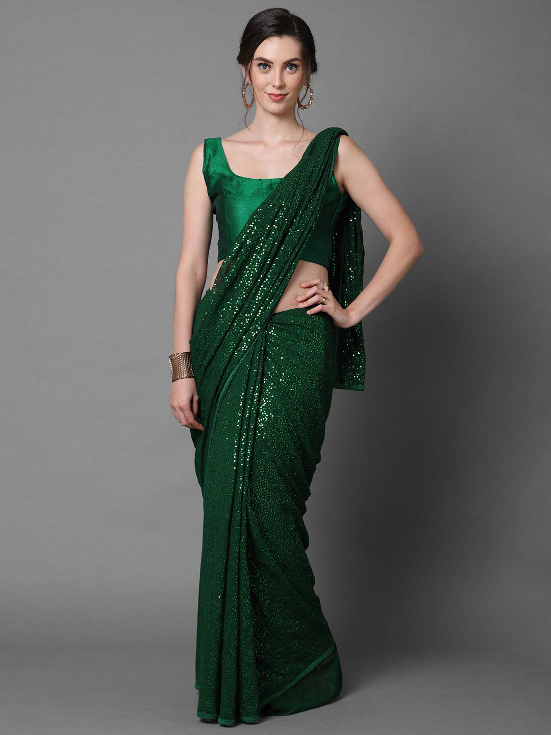 Mitera Green & White Embellished Sequinned Saree Price in India