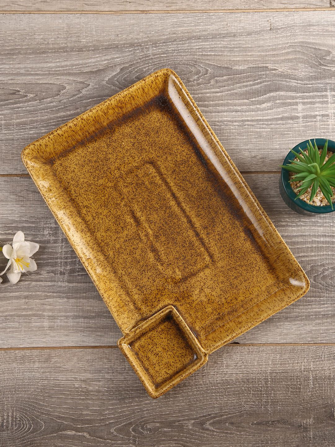 Aapno Rajasthan Mustard Yellow & Brown Handcrafted Ceramic Rectangular Platter Price in India