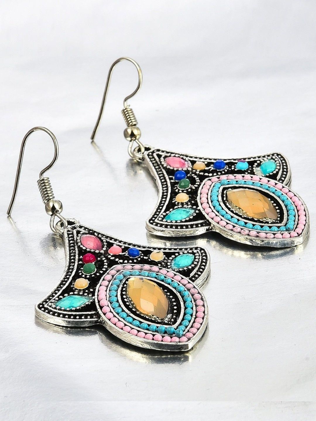 Crunchy Fashion Silver-Toned & Turquoise Blue Bohemian Beaded Fan Shaped Drop Earrings Price in India