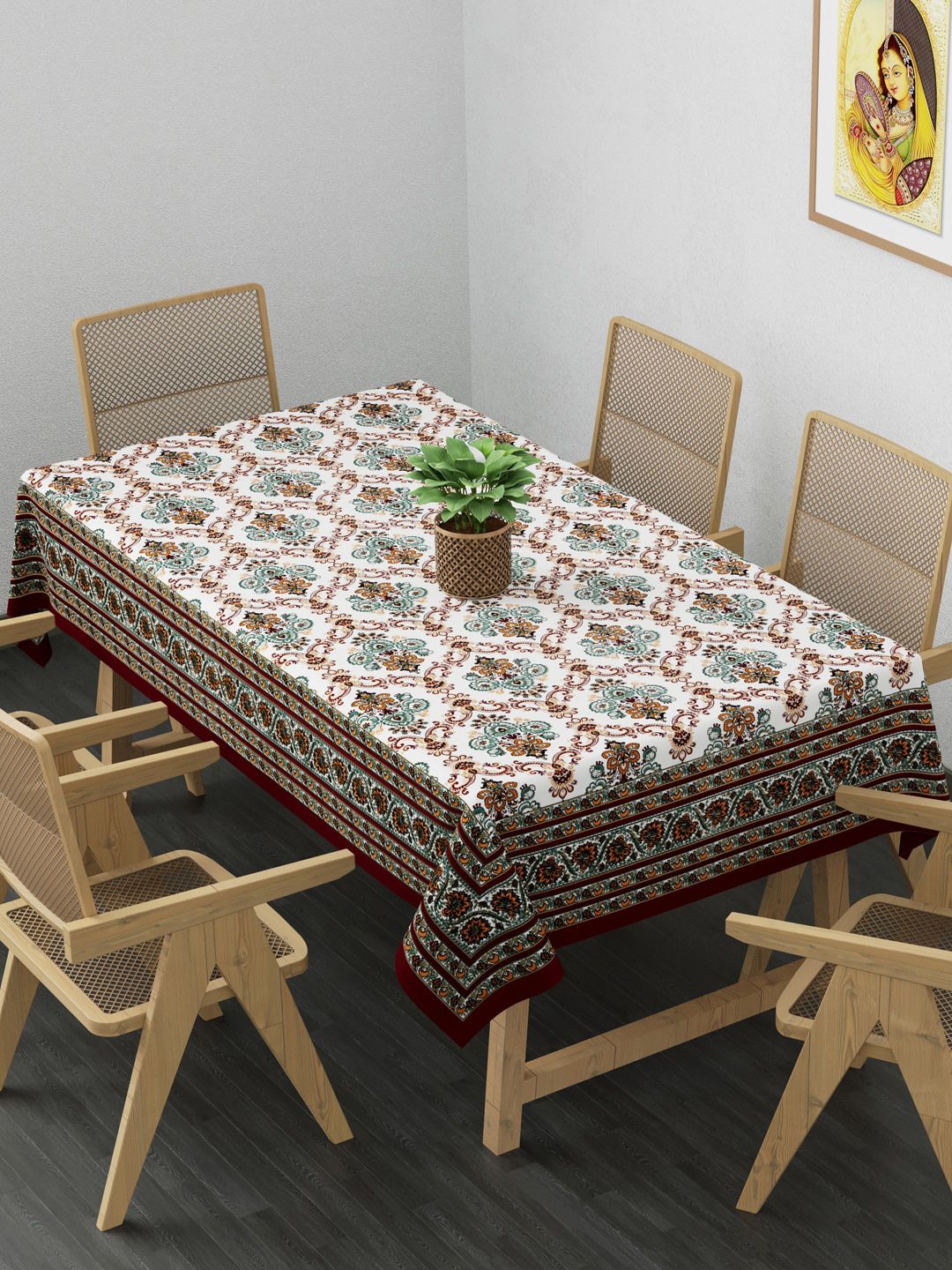Clasiko White & Orange Printed Pure Cotton 6-Seater Dining Table Cover Price in India