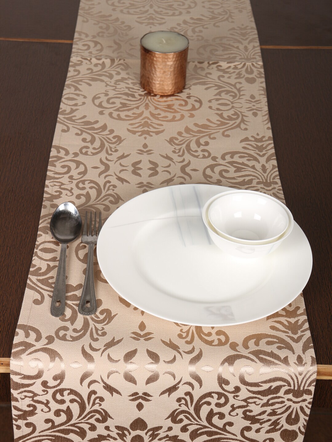 Home Beige & Gold-Coloured Woven Damask Table Runner Price in India