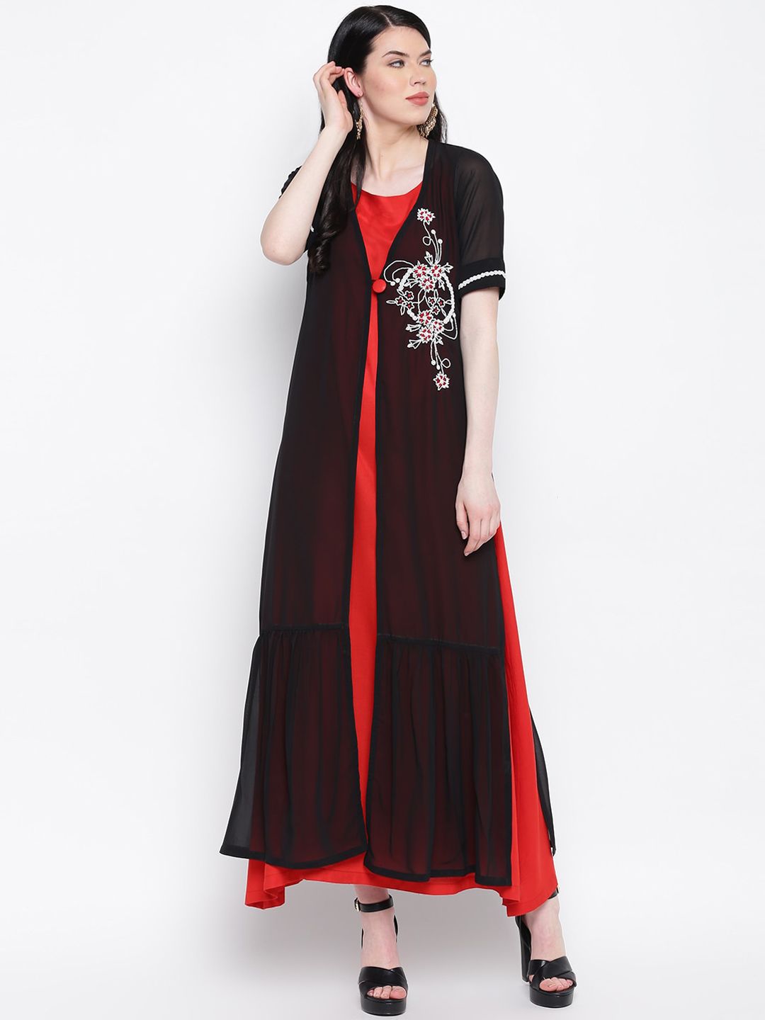 SHADES Black & Red Georgette Maxi Dress Price in India