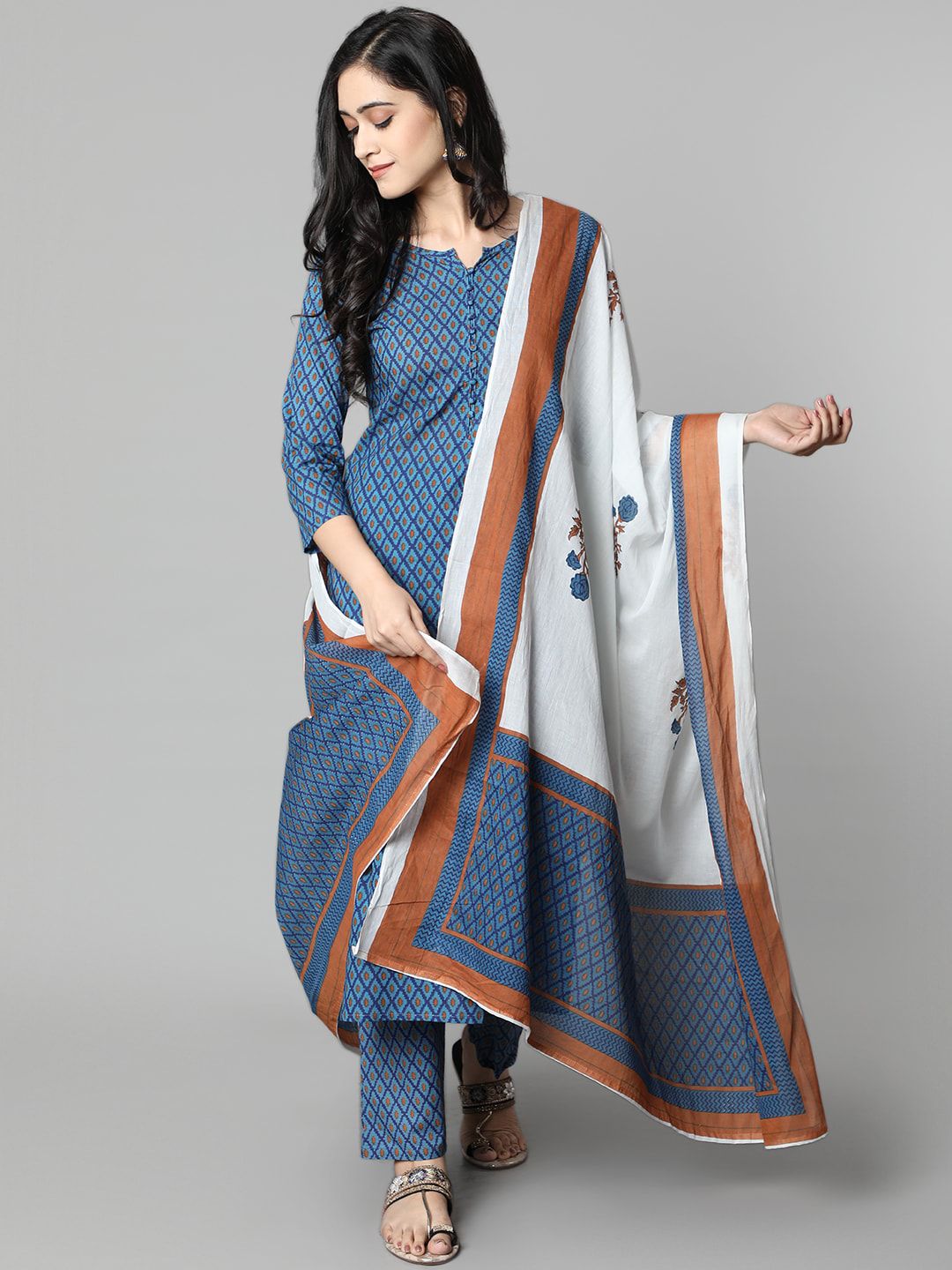 JAIPURI BUNAAI Women Blue & Orange Ethnic Motifs Printed Kurta With Trousers & Dupatta Price in India