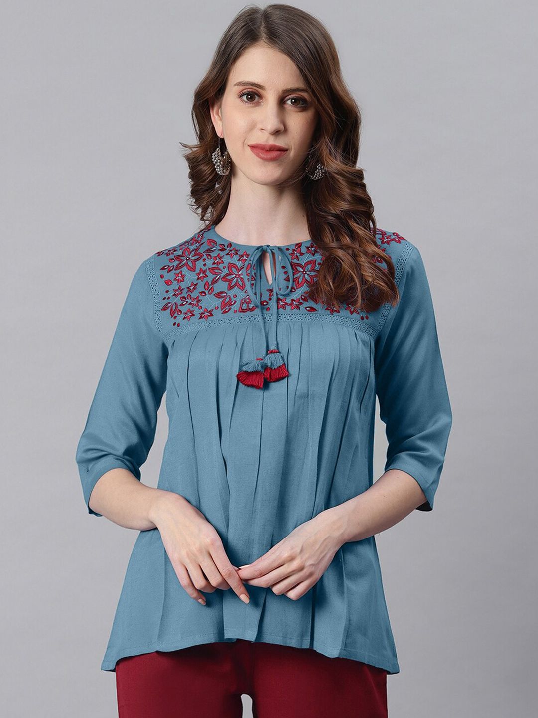 Janasya Blue Tie-Up Neck A-Line Top