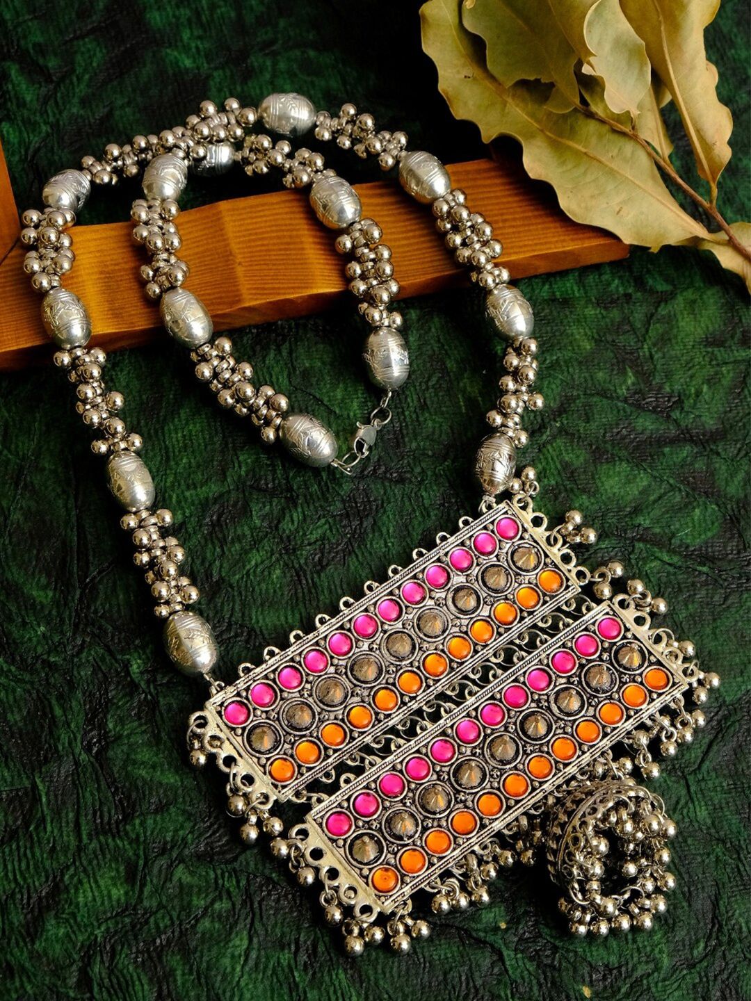 Crunchy Fashion Silver-Plated & Orange Oxidized Antique Necklace Price in India