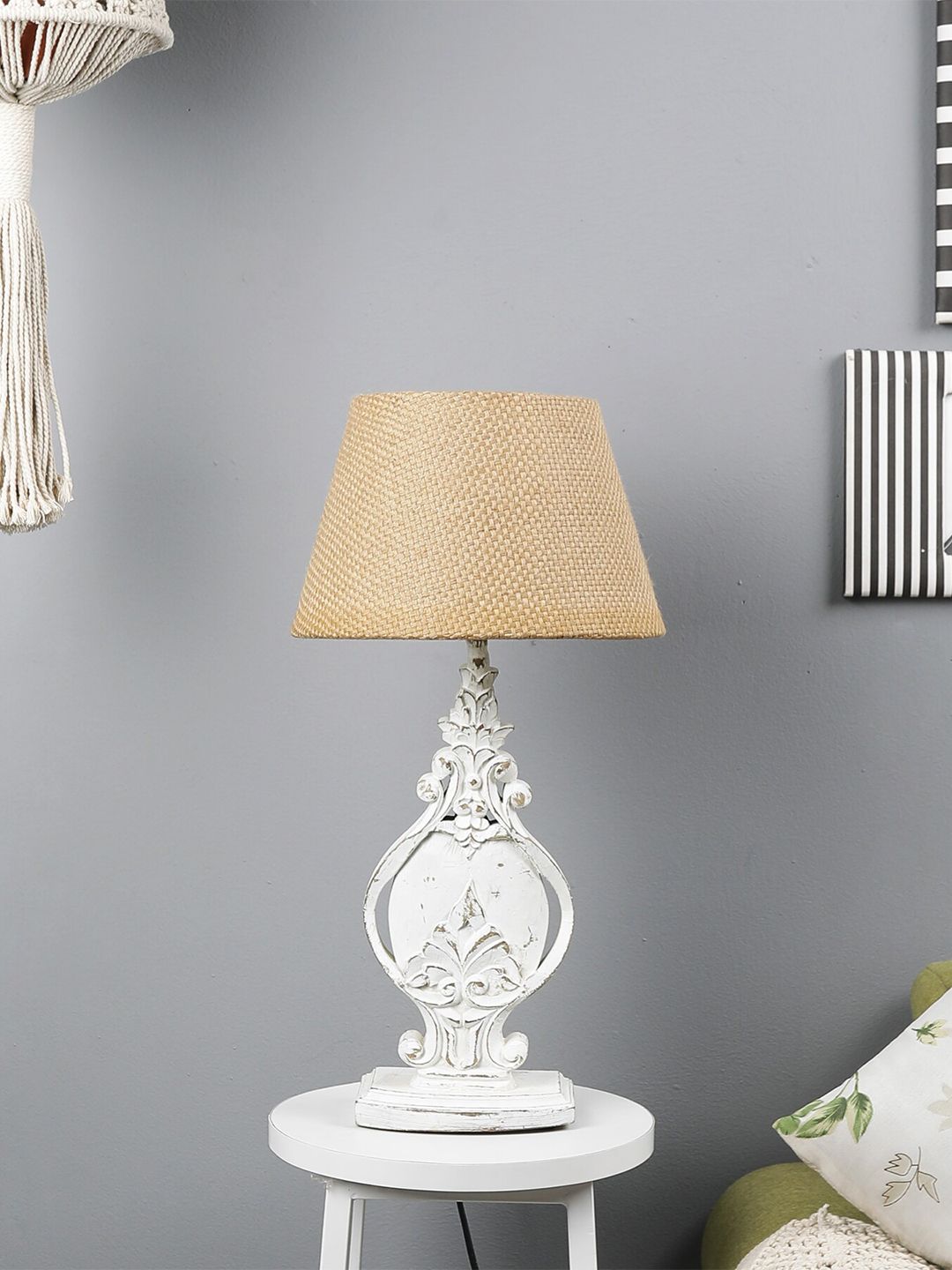 The Decor Mart Beige & White Antique Hand Carved Distressed Classic Country Lamp Shade Price in India