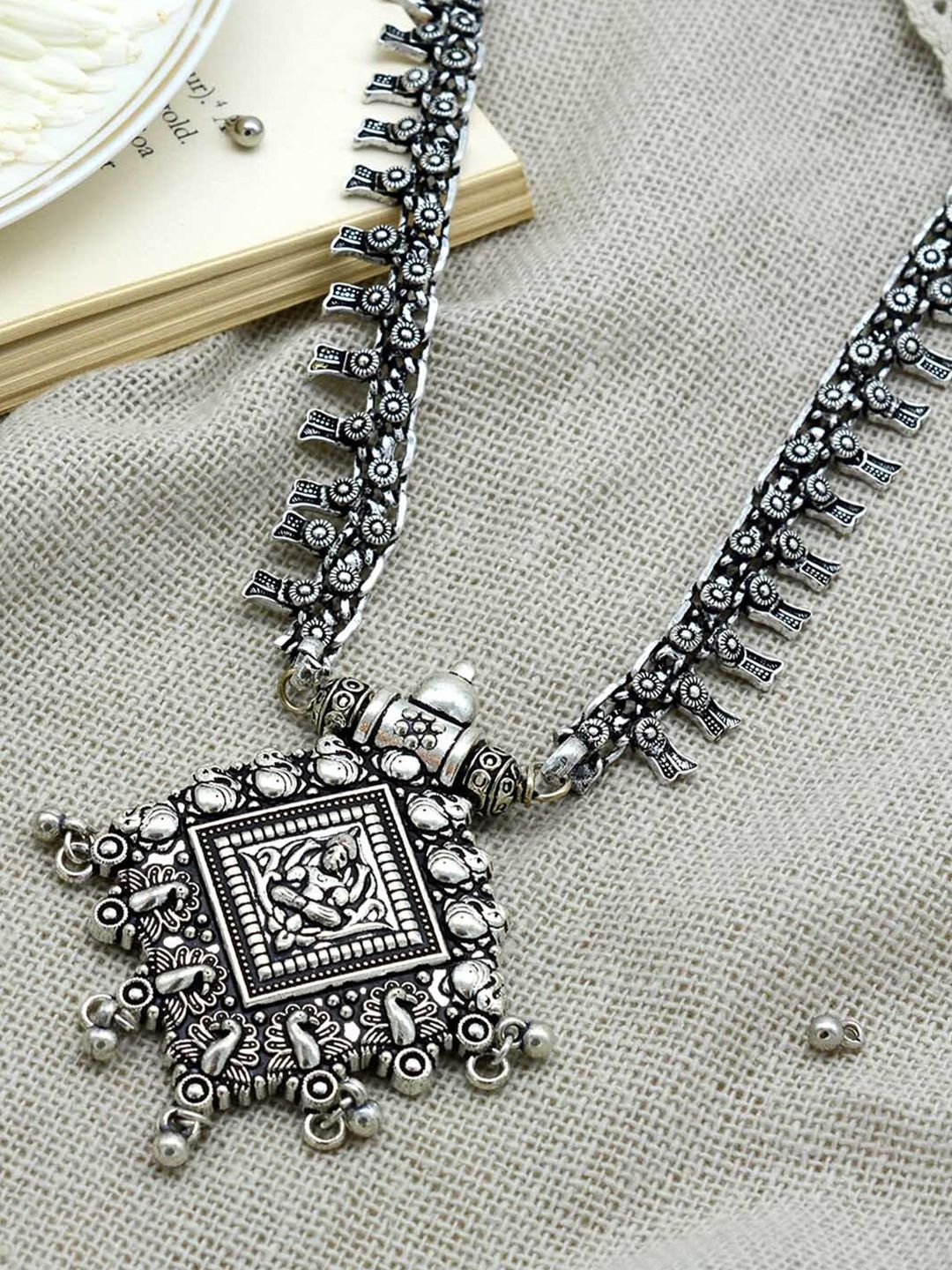 TEEJH Silver-Toned German Silver Silver-Plated Oxidised Necklace Price in India