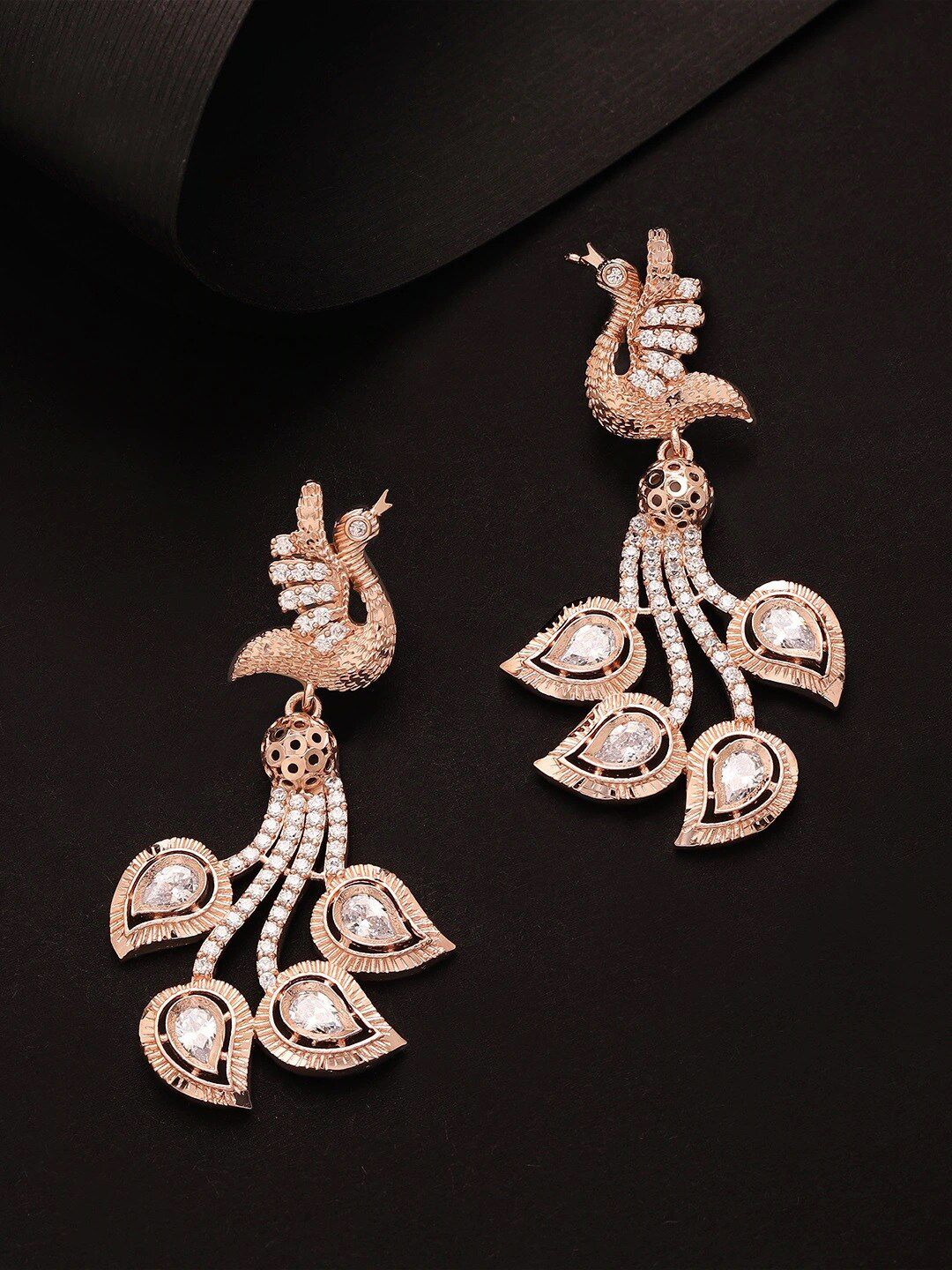 Rubans Rose Women Gold & White Peacock Shaped Drop Earrings Price in India