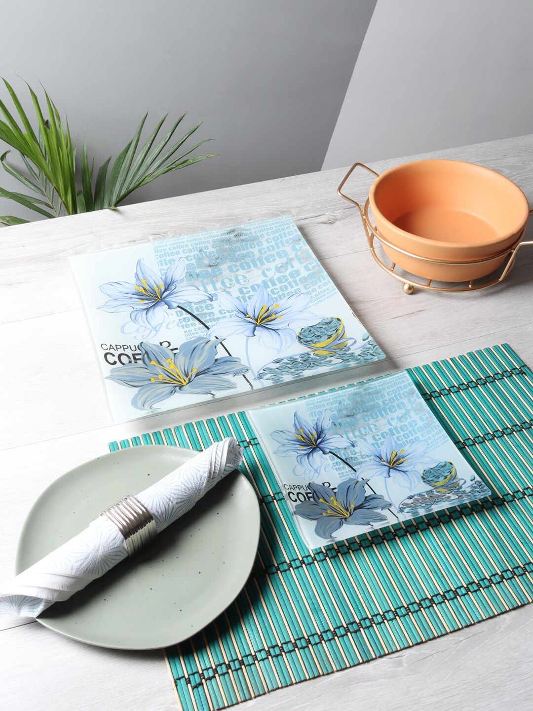 ceradeco Blue & Grey 7 Pieces Printed Glass Glossy Plates Price in India