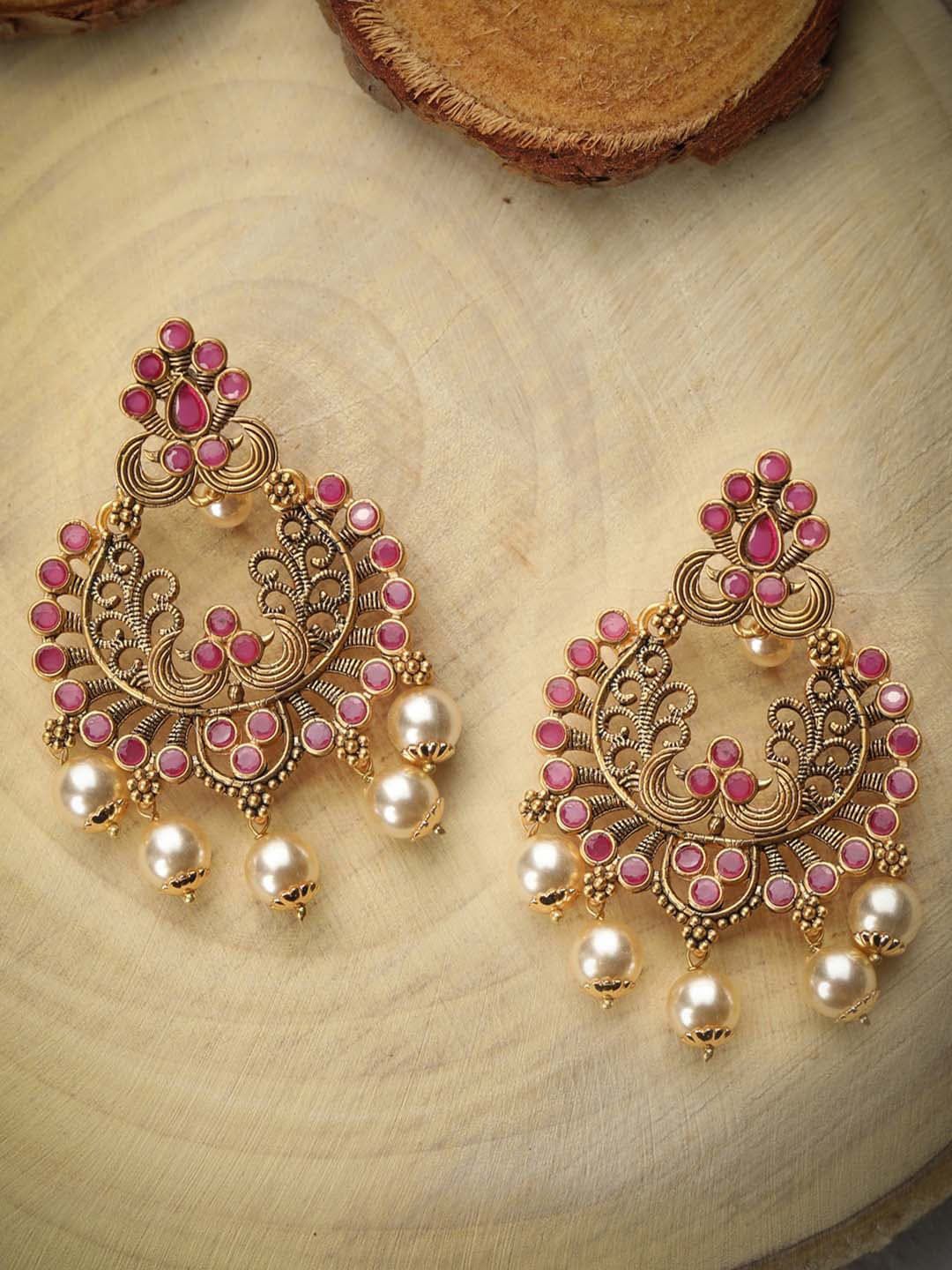 Priyaasi Gold Plated Contemporary Pearls Ruby Studded Handcrafted Chandbalis Earrings Price in India