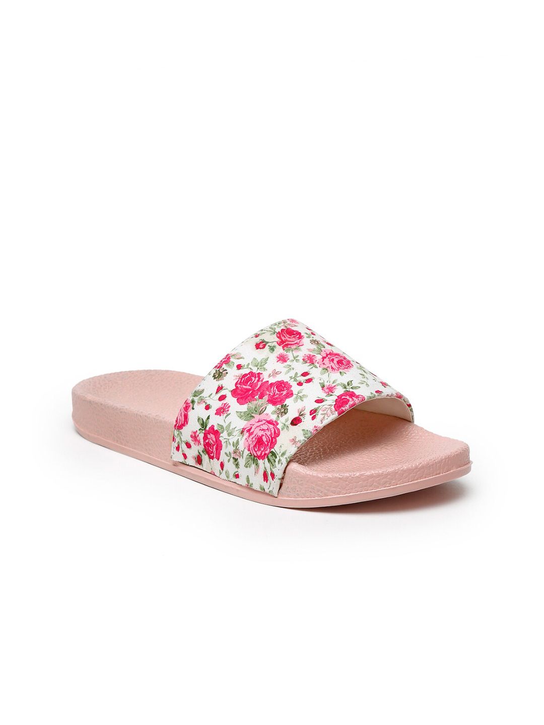 Misto Women Pink & White Printed Sliders Price in India