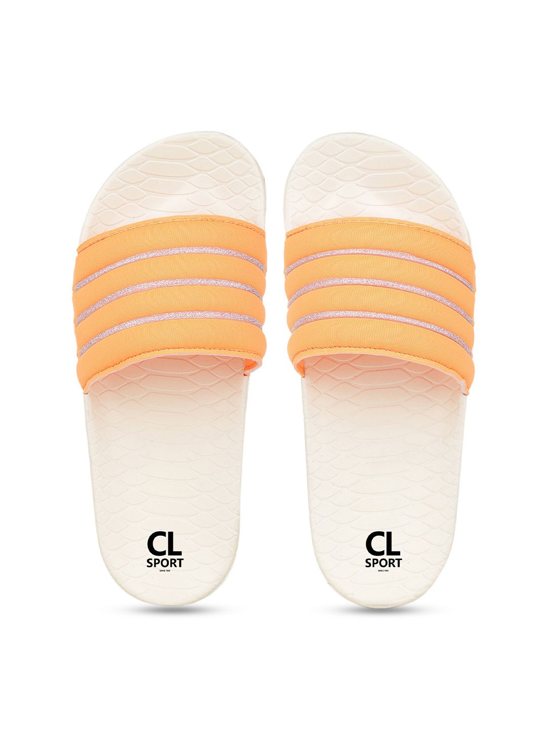 Carlton London sports Women Orange & Silver-Toned Striped Sliders Price in India