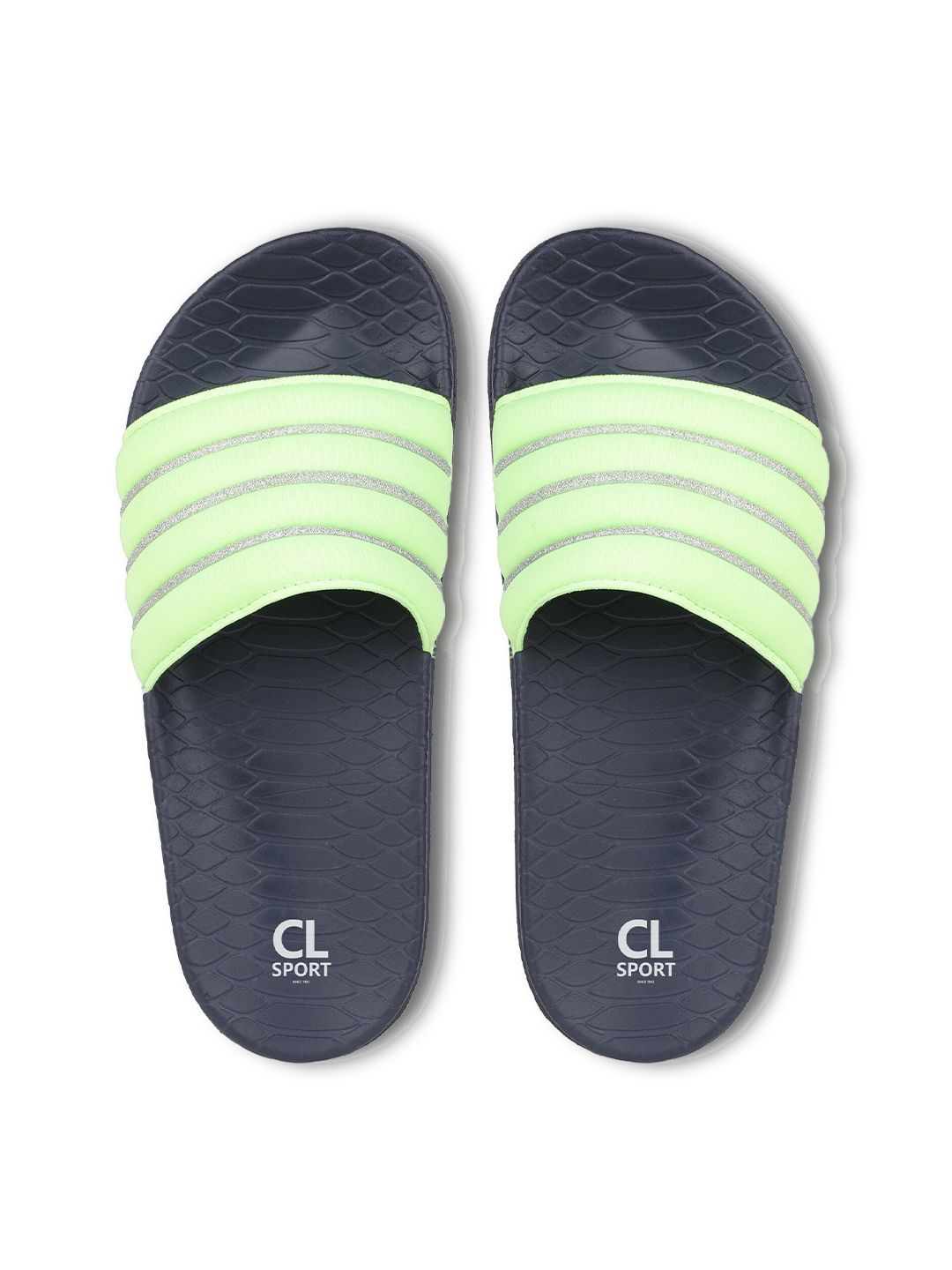 Carlton London sports Women Green & Navy Blue Striped Sliders Price in India