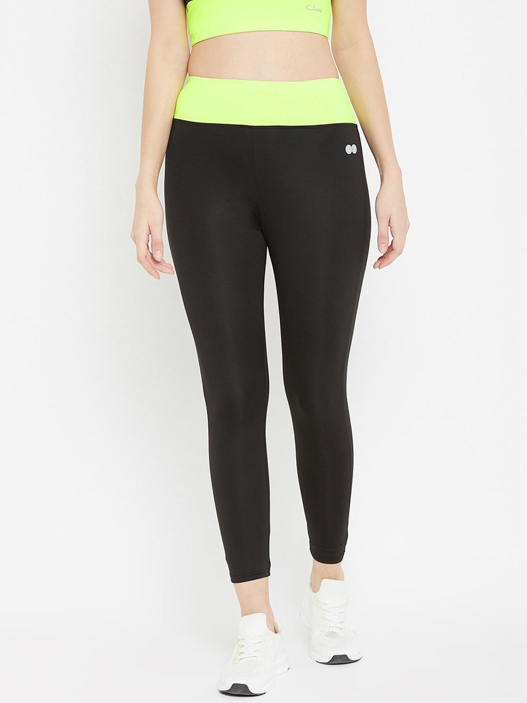 Clovia Women Black & Lime Green Colourblocked Snug Fit Active Ankle-Length Tights Price in India