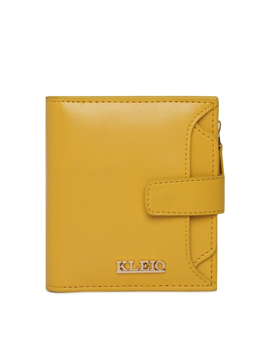 KLEIO Women Yellow Solid Synthetic Leather Zip Around Wallet Price in India
