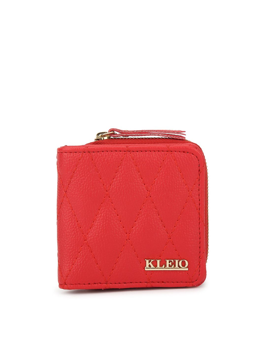 KLEIO Women Red Solid Vegan Leather Quilted Zip Around Wallet Price in India