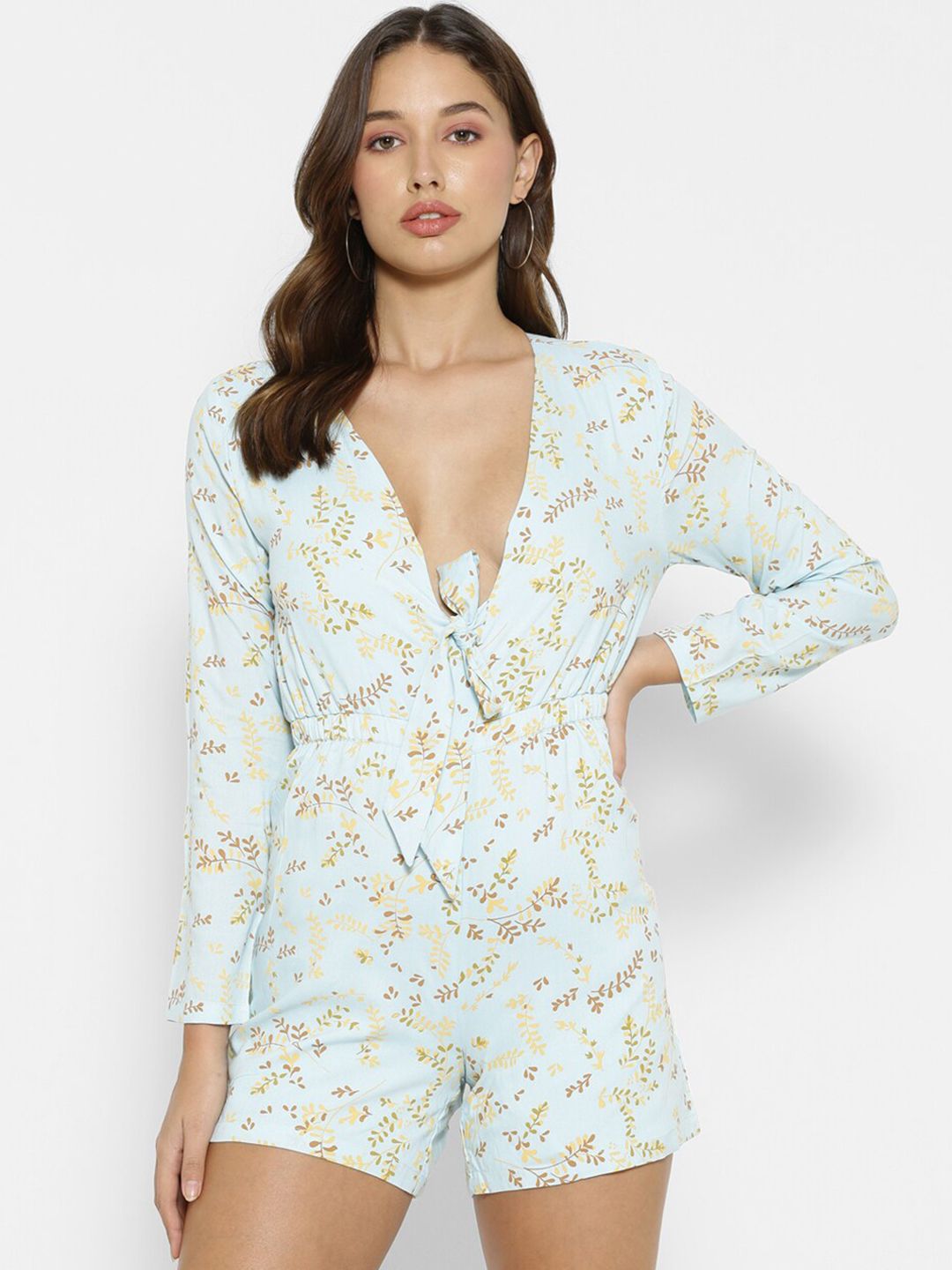 FOREVER 21 Turquoise Blue & Yellow Printed Jumpsuit Price in India